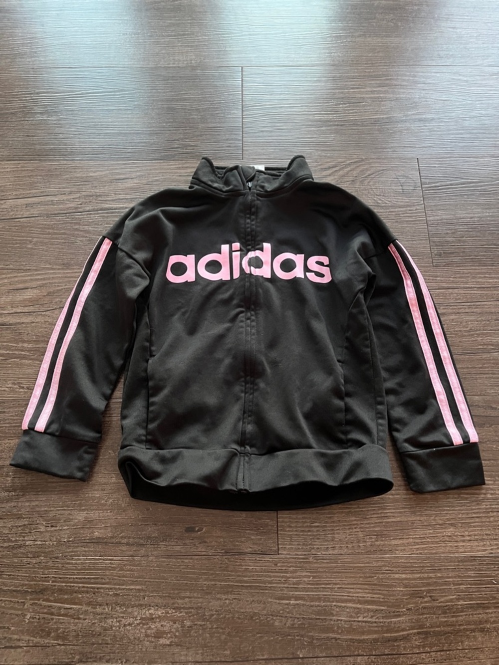 adidas Black Track Jacket with Pink Logo & Sleeve Stripes Size 6 Girls